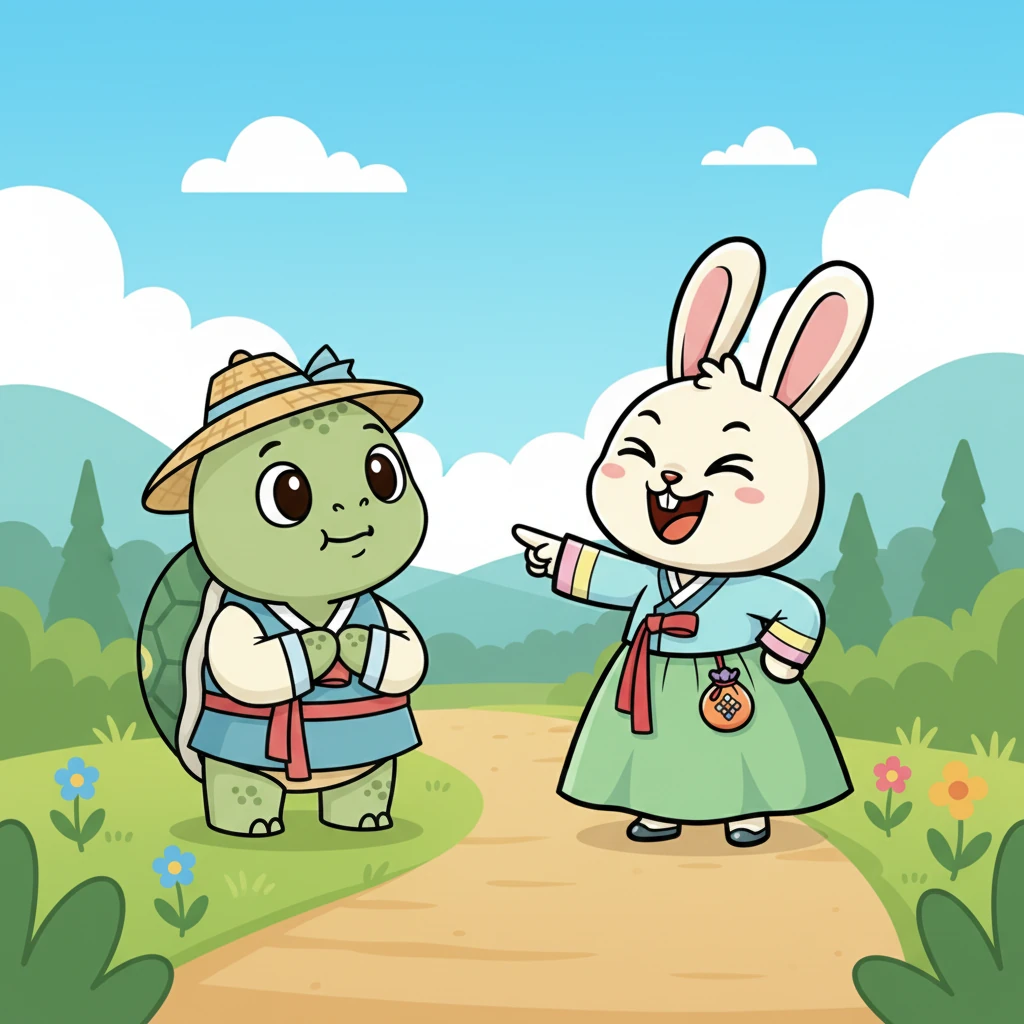 어느 화창한 날, 깡총이는 느릿이를 보고 깔깔 웃으며 말했어요. "느릿아, 너처럼 느린 친구가 세상에 또 있을까? 나랑 경주하면 분명 내가 이길 거야!" 느릿이는 잠시 생각하더니 조용히 고개를 끄덕이며 경주를 받아들였어요.