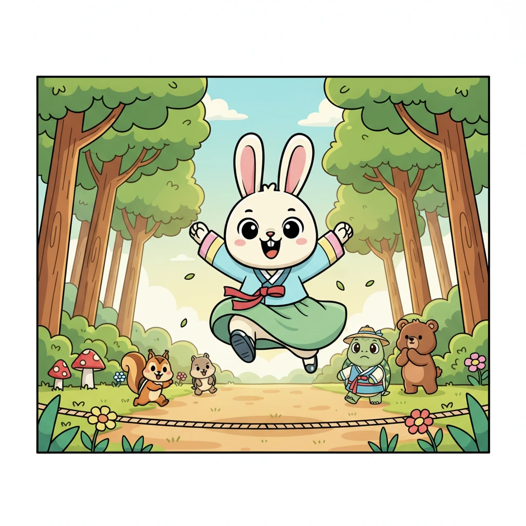 숲속 동물들이 모두 모여 경주를 시작했어요. "출발!" 신호와 함께 깡총이는 쌩하고 바람처럼 달려 나갔어요. 그의 긴 귀는 펄럭이고, 껑충껑충 뛰는 모습은 마치 한 폭의 그림 같았죠.