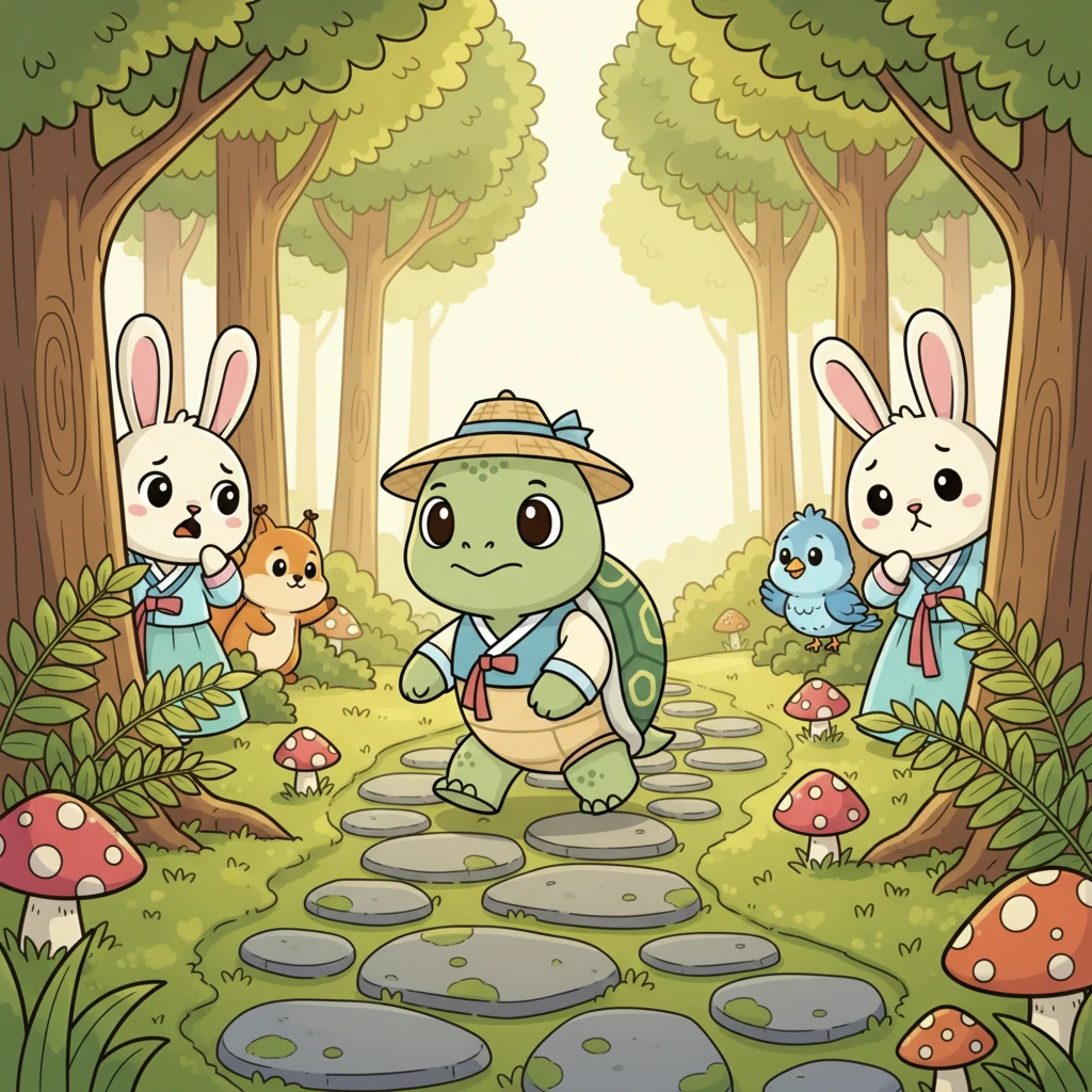 느릿이는 조금도 서두르지 않고 한 걸음 한 걸음 꾸준히 나아갔어요. 그의 작은 다리는 묵묵히 땅을 짚었고, 목표를 향해 천천히, 하지만 끊임없이 움직였답니다. 숲속 친구들은 걱정스러운 눈빛으로 느릿이를 응원했어요.