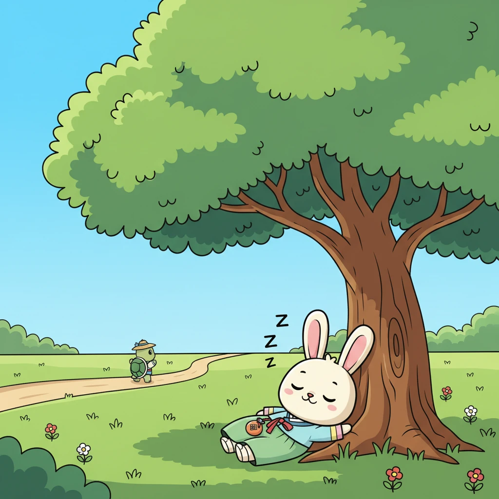 한참을 달려간 깡총이는 뒤를 돌아보았어요. 느릿이는 저 멀리 점처럼 보였죠. "흥, 저렇게 느려서 언제 도착할까? 잠깐 낮잠이나 자야겠다!" 깡총이는 커다란 나무 그늘 아래 편안히 누워 잠이 들었어요.