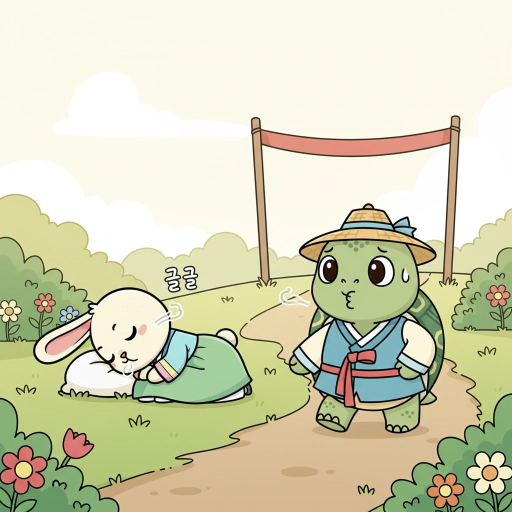 느릿이는 잠든 깡총이를 발견했어요. 깡총이의 코에서는 콜콜 잠꼬대가 흘러나왔죠. 느릿이는 조심스럽게, 아주 조용히 깡총이를 지나쳐 결승선을 향해 계속 걸어갔어요.