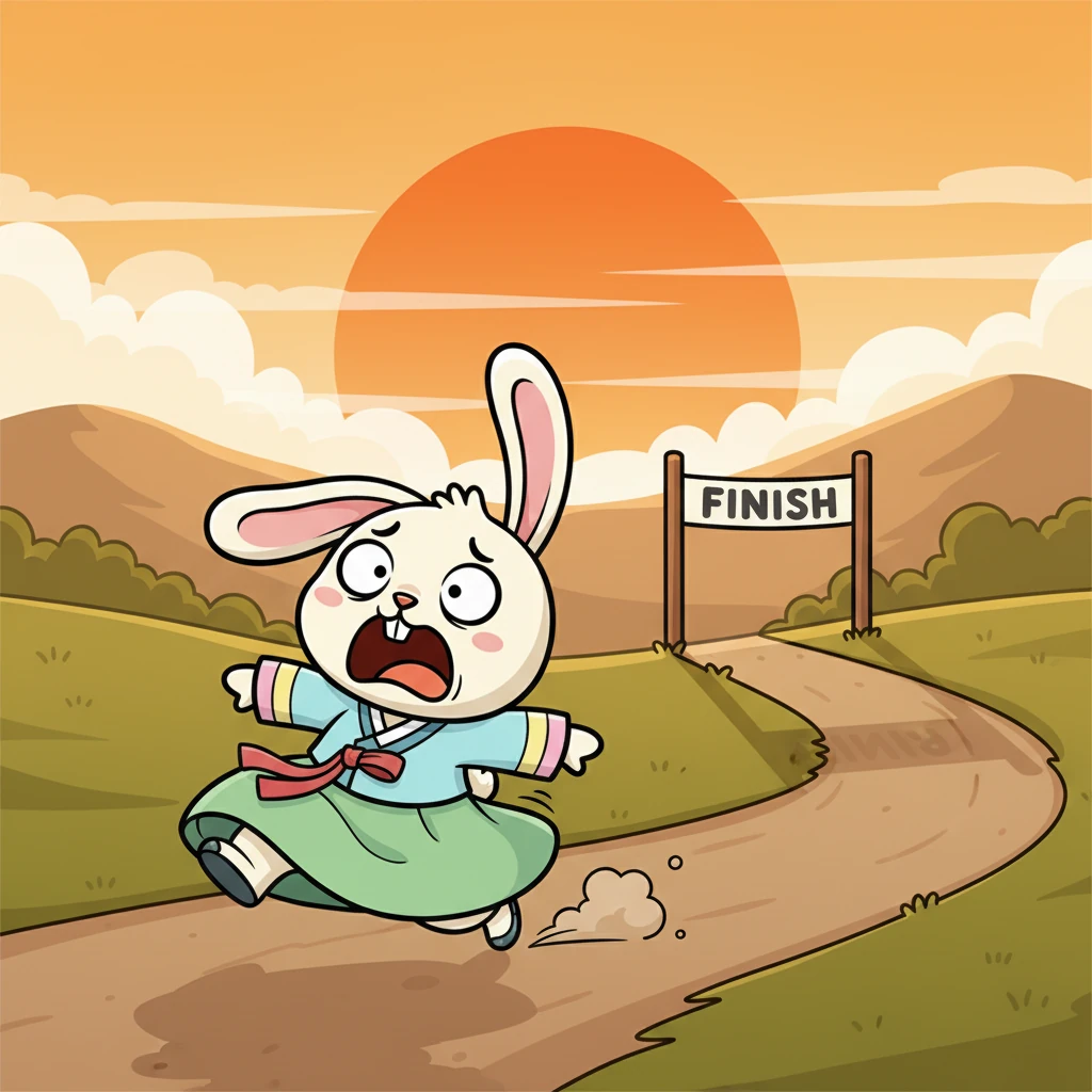 얼마 후, 깡총이는 깜짝 놀라 잠에서 깨어났어요. 해가 서쪽으로 기울고 있었죠. "이럴 수가! 내가 너무 오래 잤잖아!" 깡총이는 허둥지둥 일어나 결승선을 향해 전속력으로 달리기 시작했어요.