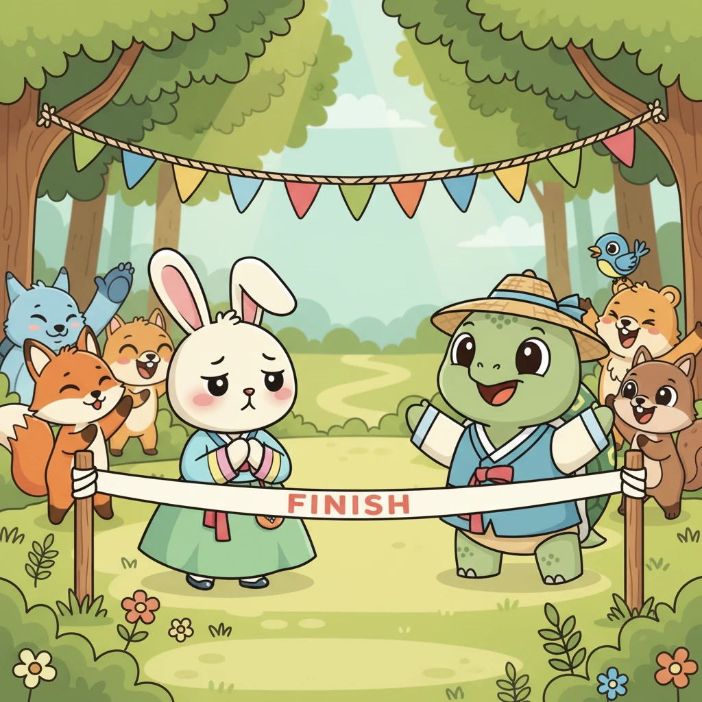 깡총이가 결승선에 도착했을 때, 믿을 수 없는 광경이 펼쳐졌어요. 느릿이가 이미 결승선을 통과하여 숲속 친구들의 환호를 받고 있었던 거예요! 깡총이는 부끄러웠지만, 느릿이의 꾸준함에 박수를 보냈답니다.