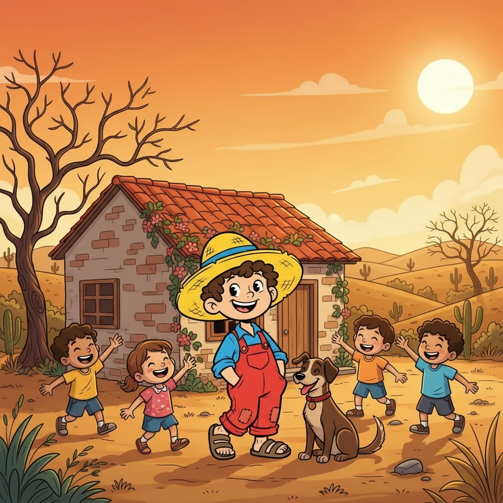 Severino vivia em Quixadá, no sertão do Ceará, com muitos irmãos e o fiel cachorro Feijão. A casa era simples, mas cheia de amor e risadas. O sol forte pintava tudo com cores quentes, e a caatinga era o quintal de suas brincadeiras.