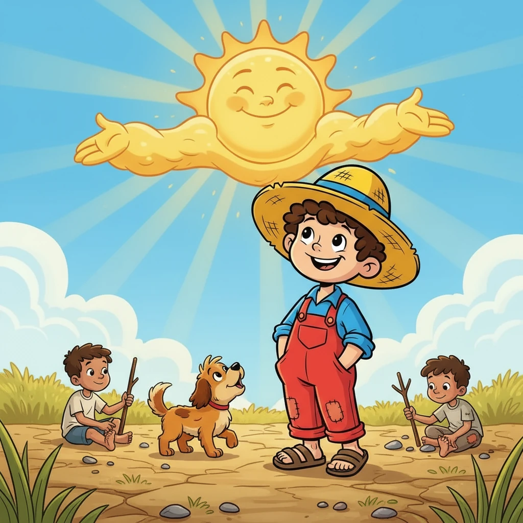 Com pouca comida, Severino e seus irmãos aprendiam a inventar jogos e histórias. Um dia, Severino viu o sol forte e imaginou que ele era um gigante dourado, observando-os do céu. Feijão, sempre por perto, abanava o rabo animado.