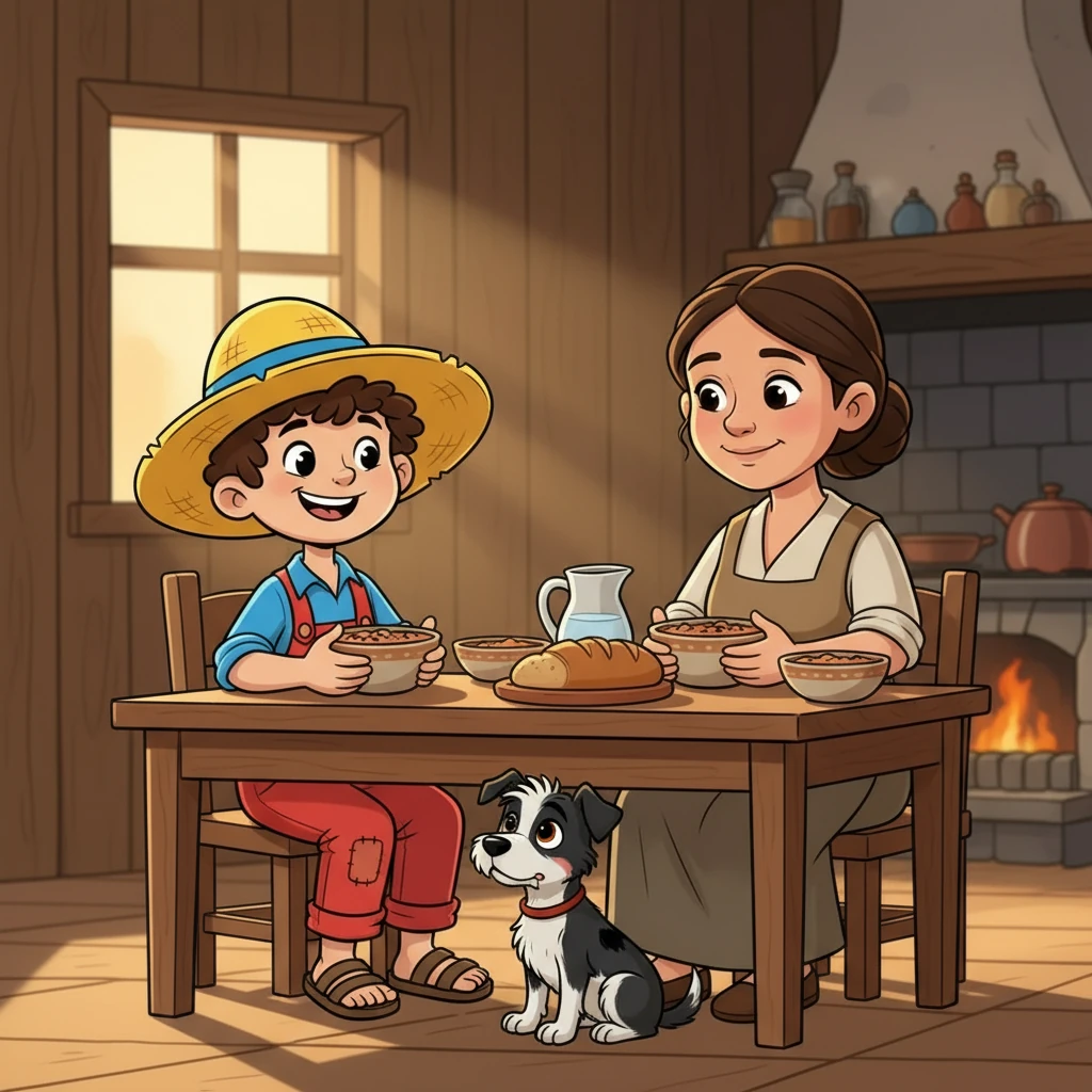 Quando a fome apertava, Severino e sua família dividiam o pouco que tinham com gratidão. A mãe de Severino sempre dizia que o amor e a união eram o maior tesouro. Feijão, com seu olhar atento, parecia entender tudo.