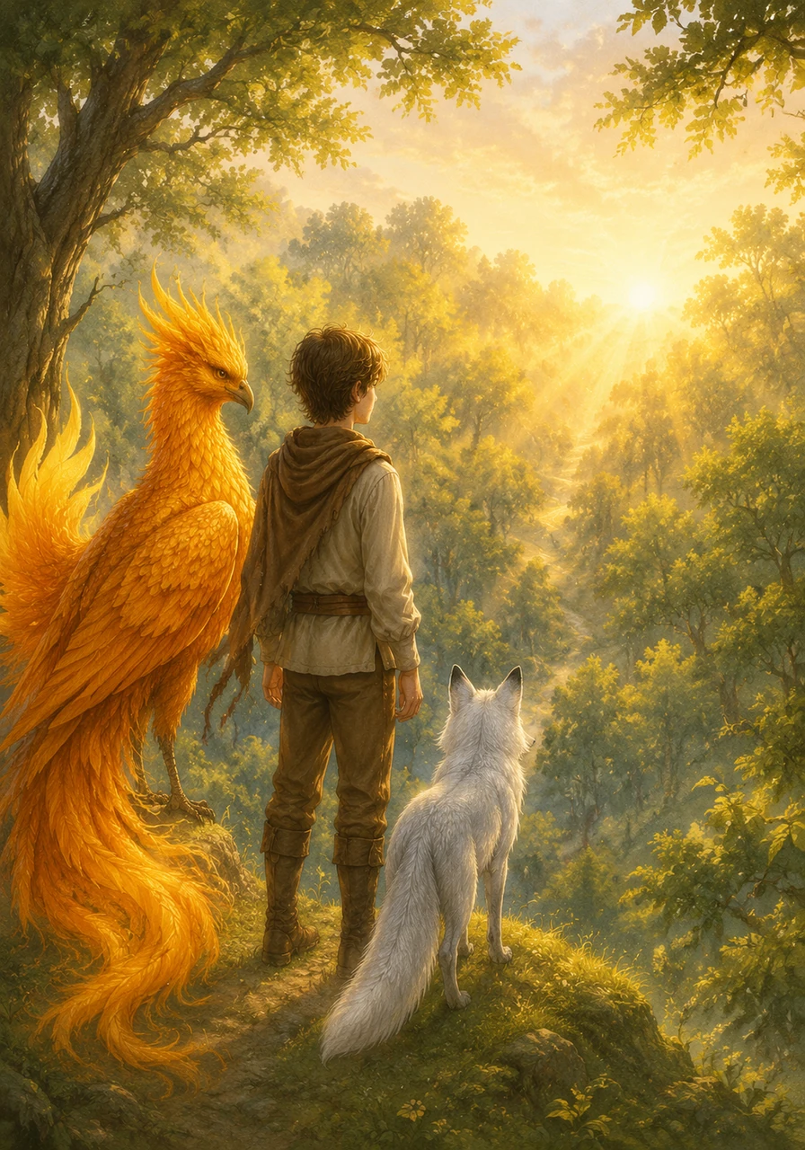 On a bright morning, Ryan stood on a small hill overlooking an enchanted forest, where the trees danced gracefully with the dawn breeze as if whispering ancient secrets. The sun sent its golden rays filtering through the branches, creating a shimmering light all around him. Beside him stood his loyal companion, a majestic phoenix radiating a brilliant golden glow, standing proud and tall.