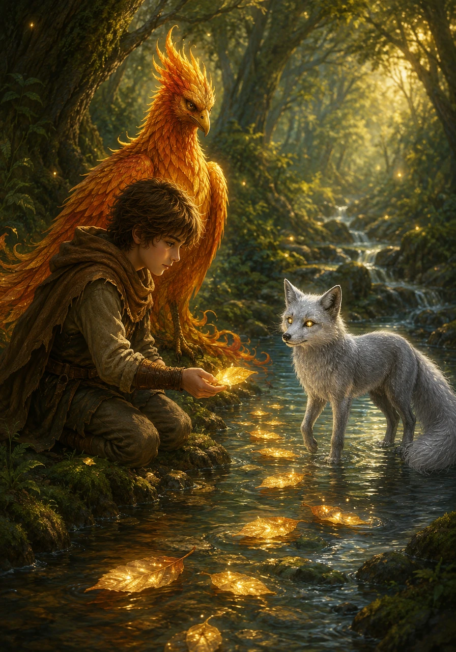 As Ryan and the phoenix ventured deeper into the woods, they discovered a peaceful, flowing stream carrying shimmering golden leaves that looked like handwritten messages from the ancient trees. Kneeling at the water's edge, Ryan picked up a leaf and felt a strange, comforting warmth course through his body. Suddenly, a small silver fox with eyes like glowing stars stepped out from the shadows, whispering that Ryan was the chosen one who must face three grand challenges to reach the legendary Cave of Riddles.