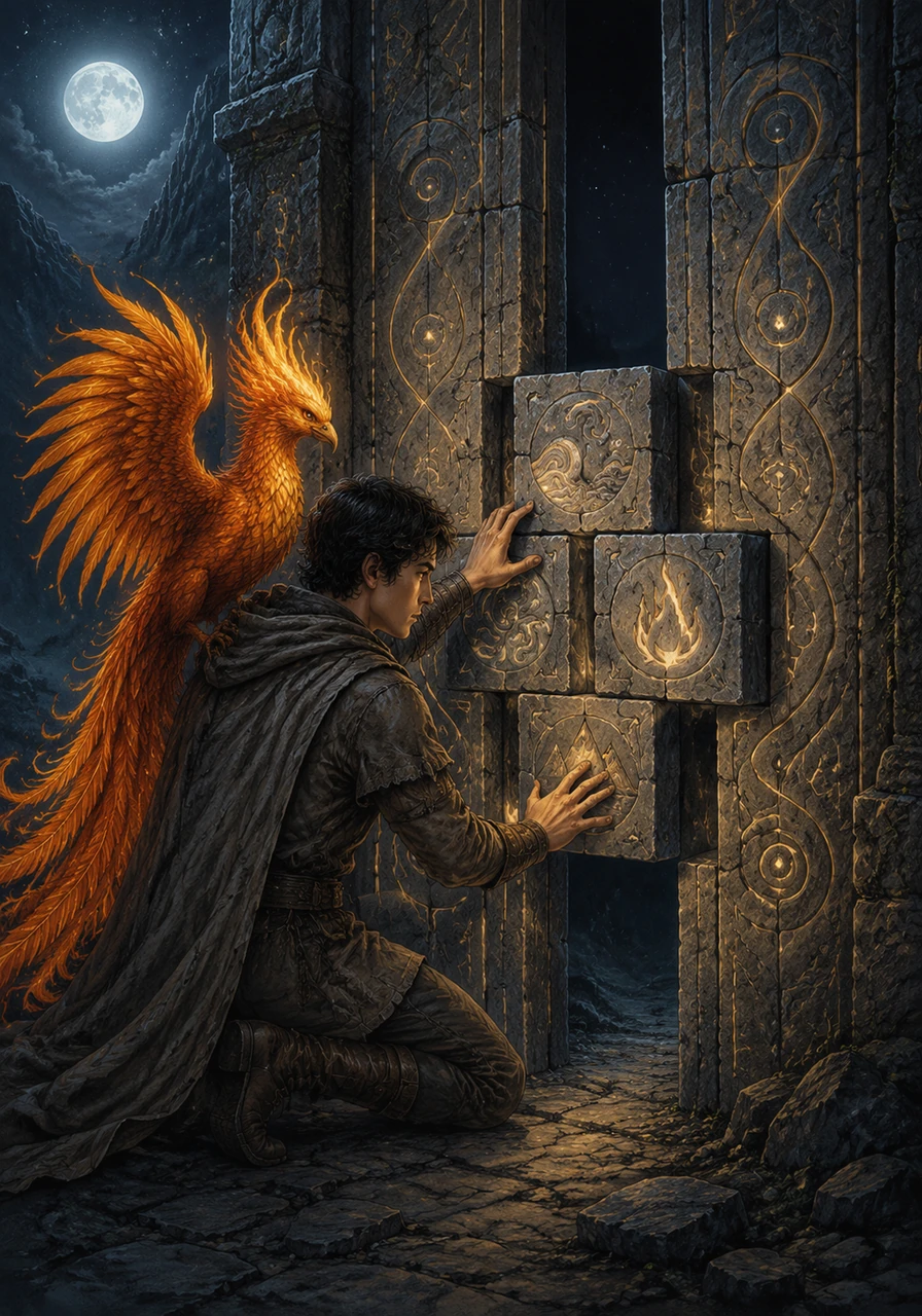 Following the silver fox's directions, Ryan and the phoenix reached a massive stone gate covered in strange, glowing runes that shimmered faintly under the moonlight. The phoenix softly noted that this was their first challenge, requiring them to decode the mystical carvings. Recognizing that the symbols represented the sacred harmony of water, fire, air, and earth, Ryan carefully rearranged the stones, causing the heavy gate to grind open and reveal a path into the deep dark.