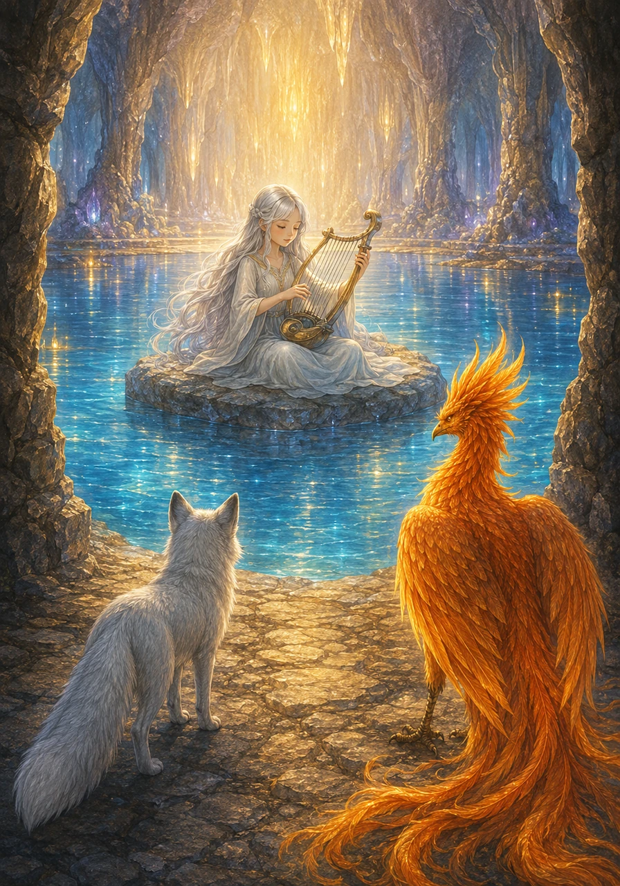 Stepping through the stone threshold, a gentle, warm breeze enveloped them as the melodic sound of distant music echoed through the caverns. They followed the beautiful harmony into a vast, glowing chamber centered around a pristine blue lake. In the middle of the water sat a young girl with long silver hair playing a strange instrument, who challenged Ryan to sing a song that truly reflected the courage and sincerity of his own heart.