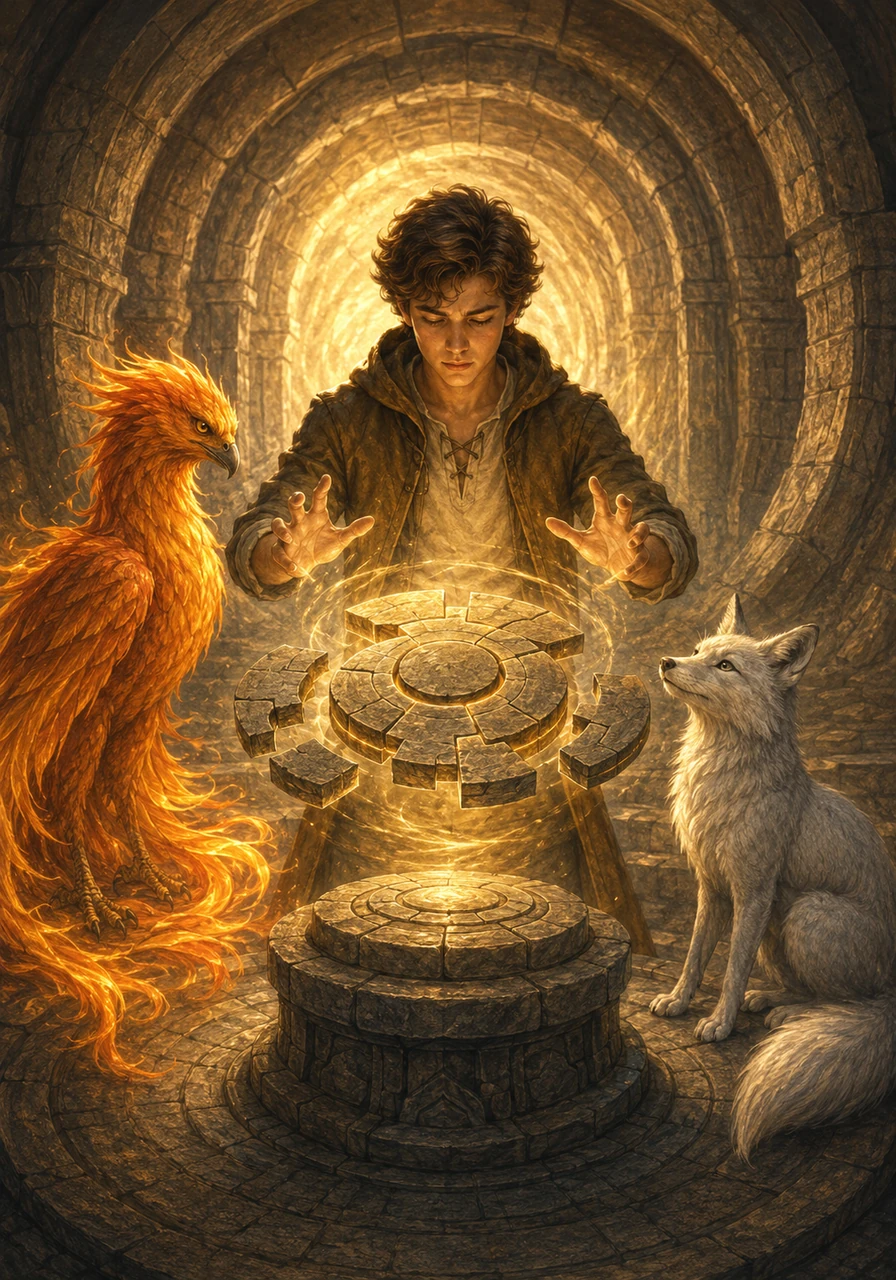 Entering the radiant tunnel, the surrounding glow painted beautiful, shifting patterns along the stone walls until all sound faded into complete silence. They emerged into a breathtaking circular chamber centered around a pedestal that held a floating, ancient stone puzzle. Ryan used his telepathic abilities to sense the thoughts of the ancient architects, sliding the intricate stone pieces into place until the final mechanism clicked perfectly.