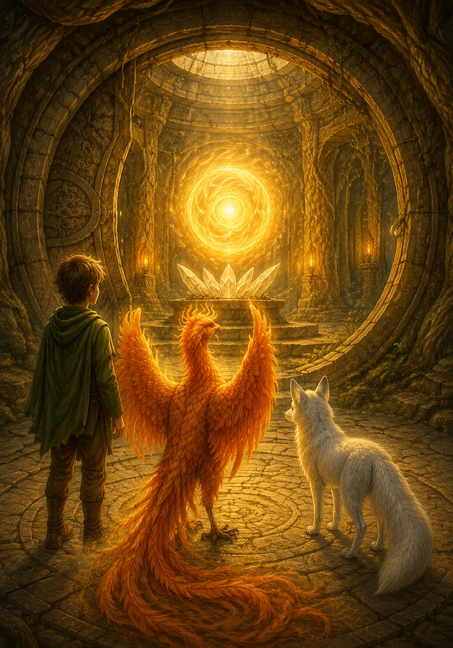 With the final puzzle solved, the circular chamber vibrated gently as a hidden door slid open, revealing the inner sanctum of the Cave of Riddles. At the center of the room, floating above a crystal altar, was a brilliant, swirling orb of pure elemental light. The air grew warm and inviting, pulsing with the ancient magic that had kept the forest alive and connected for centuries.