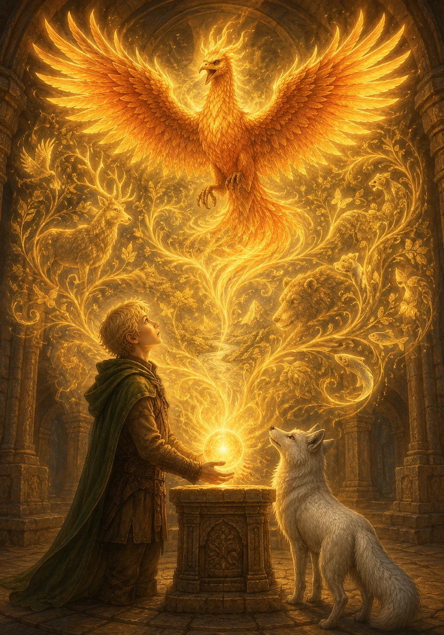 As Ryan approached the altar, the glowing orb projected ancient visions into his mind, showing him how the forest, the animals, and the elements were all beautifully intertwined. He realized the grand secret was a message of ultimate unity, meant to restore balance and grant prosperity to all living things in the realm. The phoenix let out a triumphant, beautiful cry, its golden wings illuminating the entire sanctum.