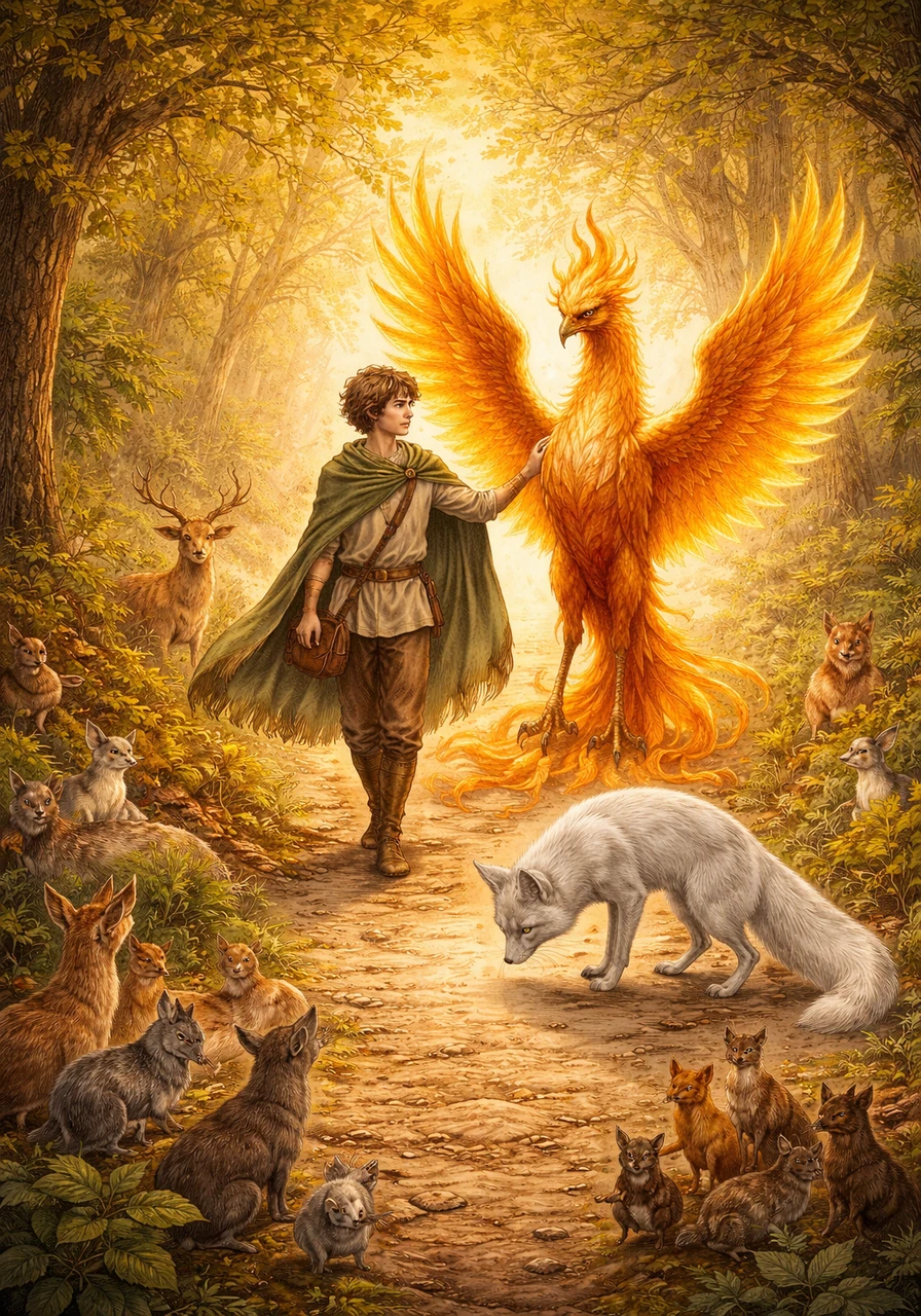 Holding the sacred knowledge close to his heart, Ryan walked out of the cave alongside the phoenix, stepping back into the warm embrace of the enchanted forest. Word of his success spread like wildfire through the trees, and animals of all shapes and sizes gathered along the path to greet their young hero. The silver fox bowed respectfully, acknowledging that a new era of harmony had finally begun.