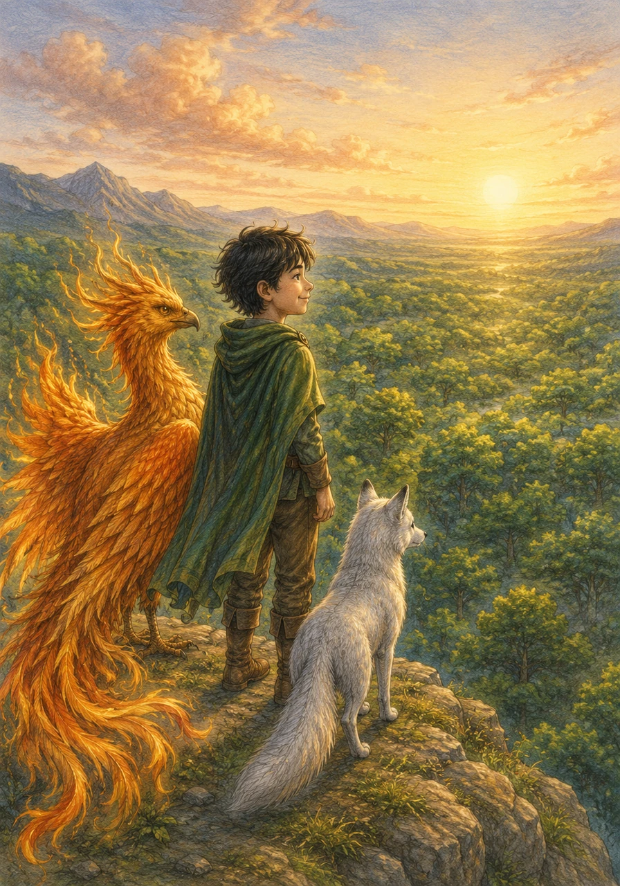 Standing once more upon the high hill where his journey started, Ryan looked out over the thriving, vibrant canopy of the enchanted forest. The trees swayed happily in the wind, no longer whispering secrets of the past, but singing songs of a bright, hopeful future. With his faithful phoenix by his side and a heart full of wisdom, Ryan smiled, knowing he was ready for whatever adventures life would bring next.