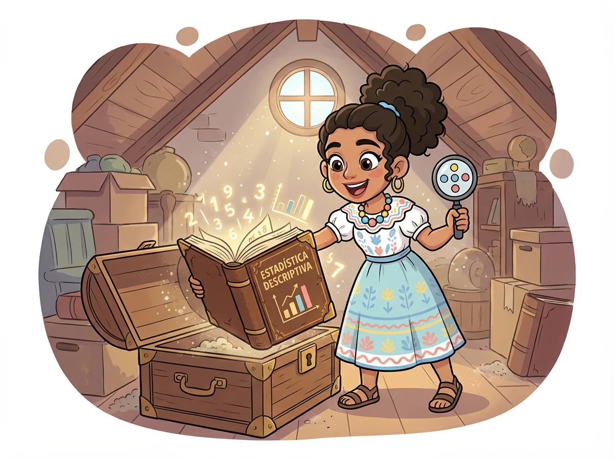 Estela, una niña curiosa con coletas brillantes, descubre un libro misterioso en el ático de su abuela. El libro habla de 'Estadística Descriptiva' y promete aventuras increíbles a través de los números.