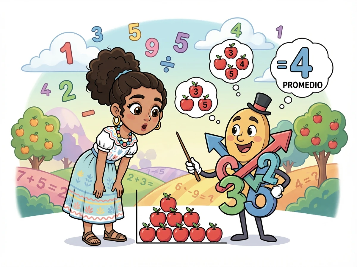 El libro transporta a Estela a un mundo donde los números cobran vida. Conoce a Don Promedio, un personaje amigable que le explica cómo calcular el promedio de un grupo de manzanas.