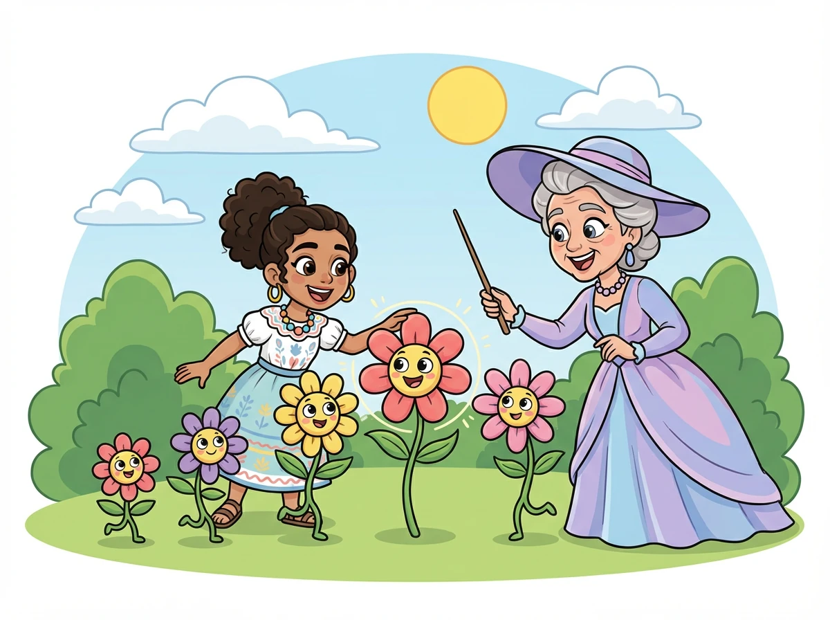 Estela se encuentra con la Señora Mediana, una elegante señora que le enseña a organizar los números para encontrar el valor central de una fila de flores danzantes.