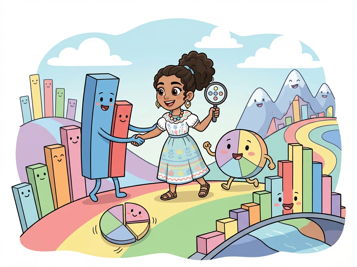 Estela visita el 'Valle de los Gráficos' donde los histogramas, diagramas de barras y circulares cobran vida y le muestran cómo representar datos visualmente.