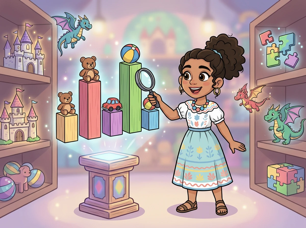Estela aprende a usar un diagrama de barras para comparar la cantidad de diferentes tipos de juguetes en una tienda mágica.