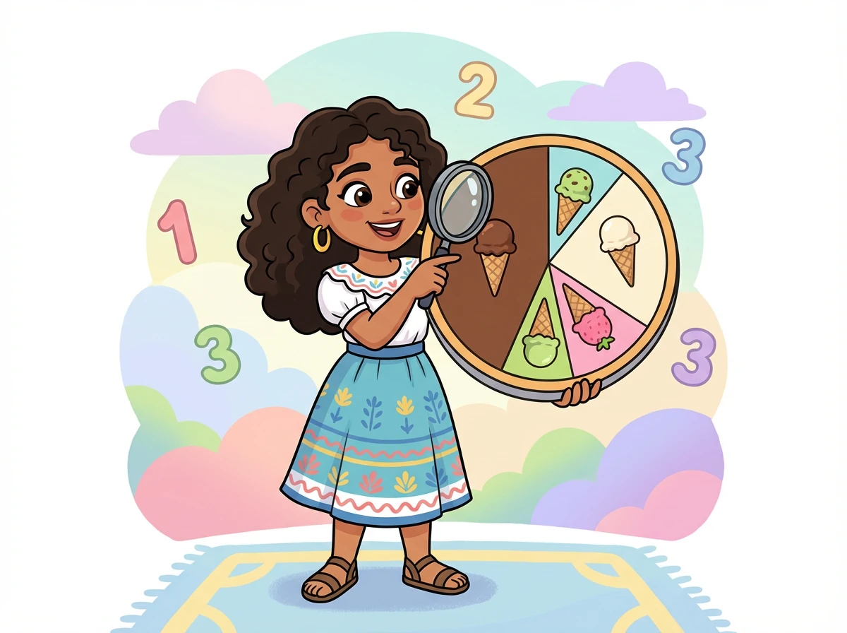Estela utiliza un diagrama circular para entender cómo se distribuyen los sabores de helado favoritos entre los habitantes del mundo de los números.
