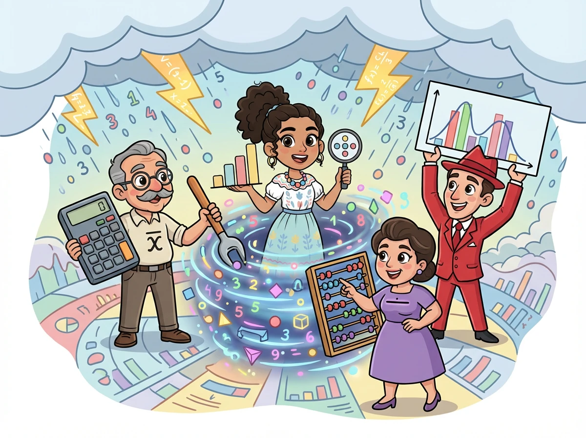 Estela ayuda a Don Promedio, Señora Mediana y Señor Moda a resolver un problema estadístico para salvar su mundo de una tormenta de datos desorganizados.