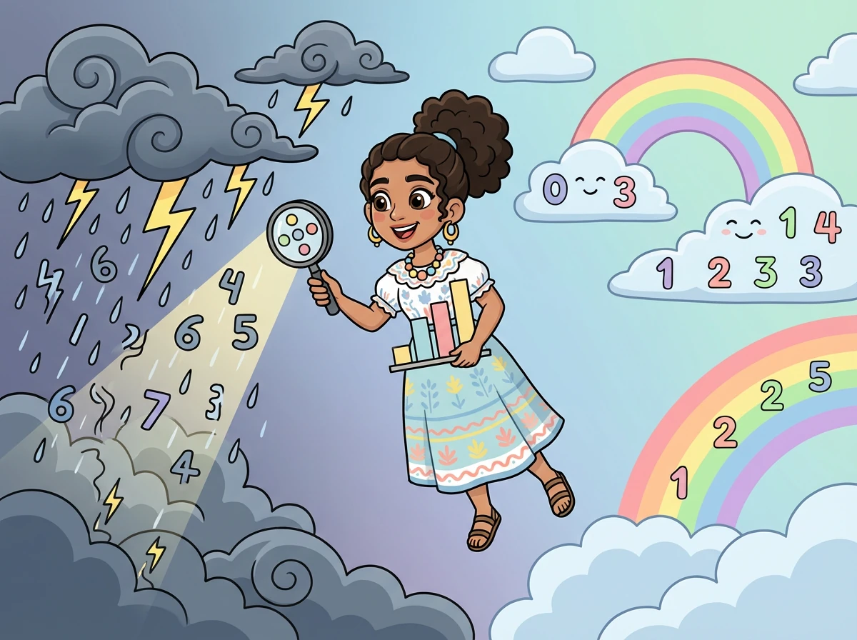 Usando todo lo que ha aprendido, Estela organiza los datos de la tormenta, calmando las nubes y devolviendo la armonía al mundo de los números.