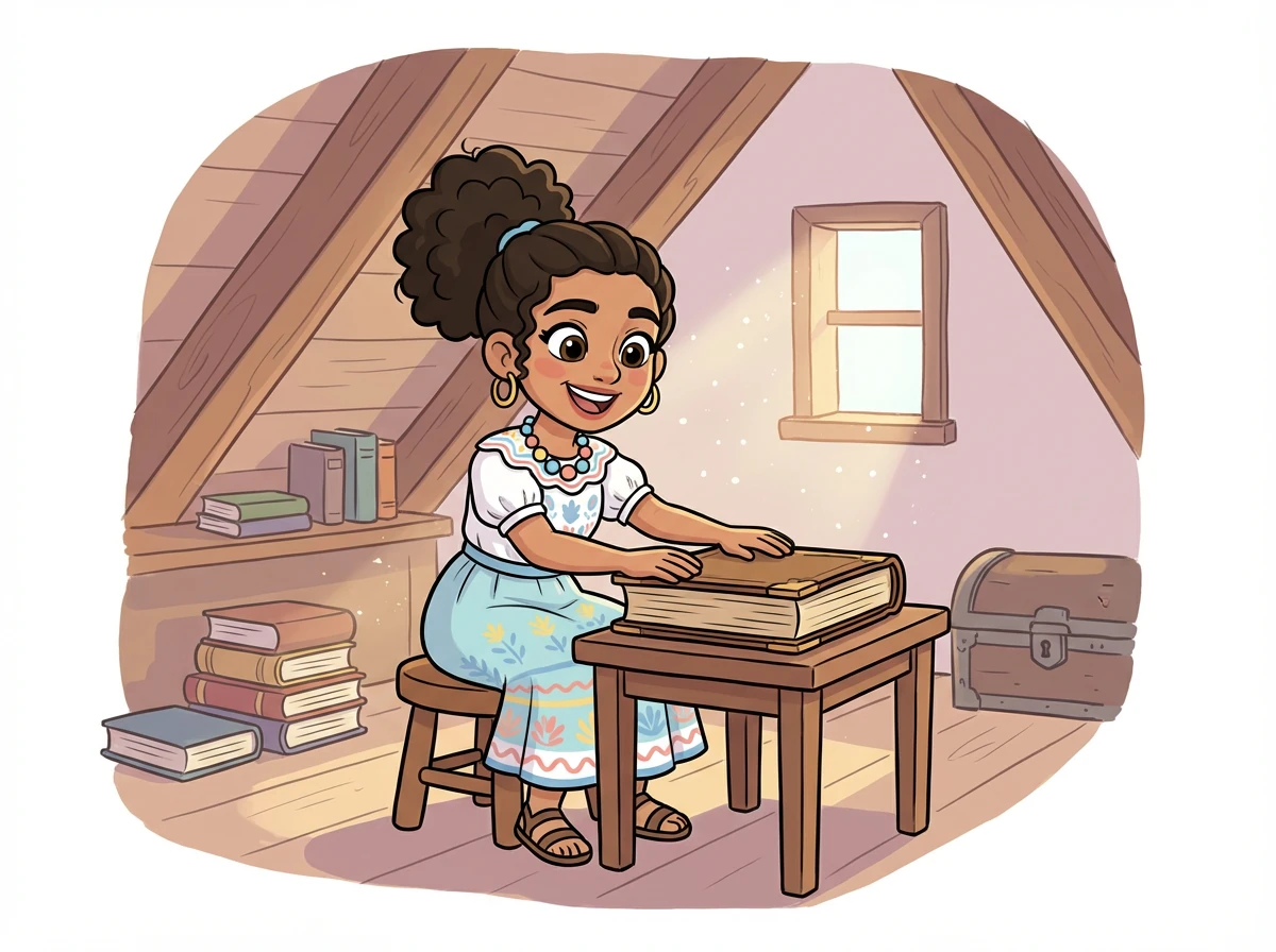 De vuelta en el ático, Estela cierra el libro, ahora entendiendo la estadística descriptiva y lista para usar sus nuevos conocimientos en el mundo real.