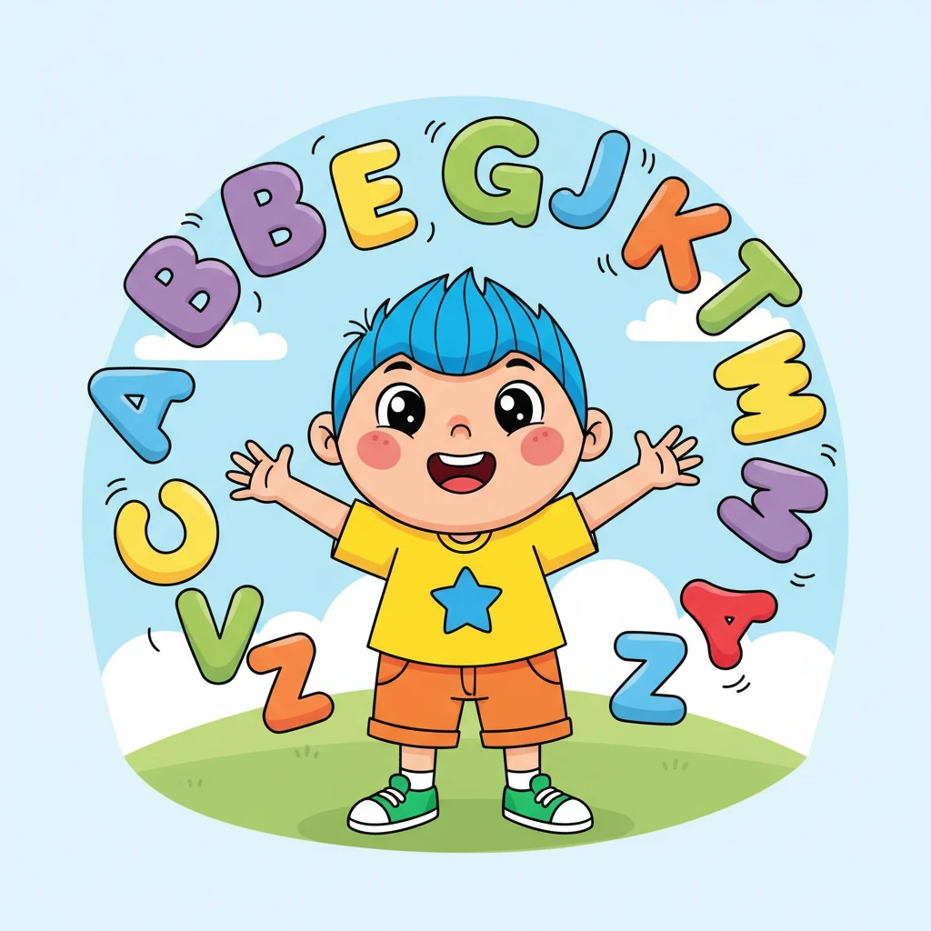 George, a round-faced, smiling boy with rosy cheeks and a spiky blue haircut, waves enthusiastically with both hands. He stands amidst a swirl of oversized, brightly colored alphabet letters, some floating around him like balloons, others forming a playful arch. His eyes sparkle with excitement, inviting everyone to join his vibrant world.