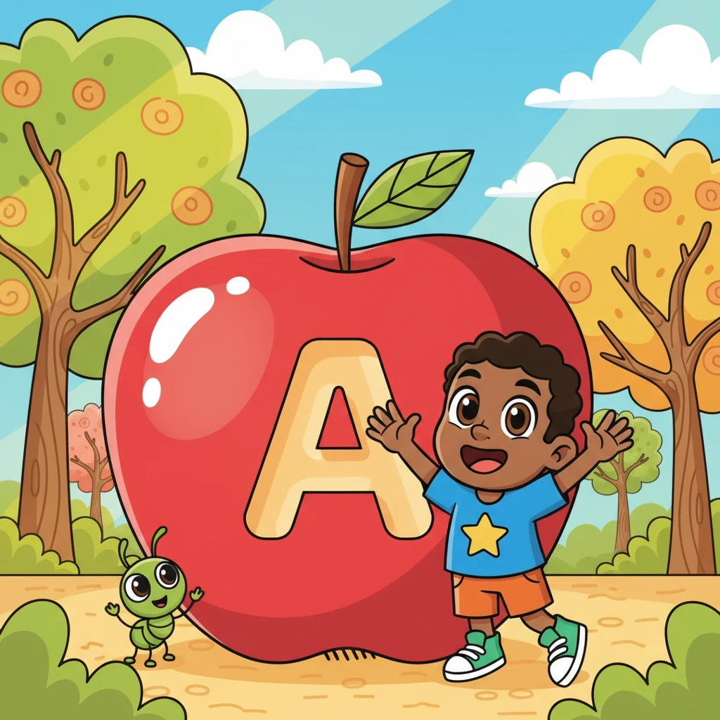 George giggles as he reaches for a giant, shiny red apple that has a big, friendly 'A' carved into its side. A tiny, green ant with huge, expressive eyes peeks out from behind the apple, waving a tiny leg. The scene is set in a sunny, whimsical orchard with exaggerated trees.