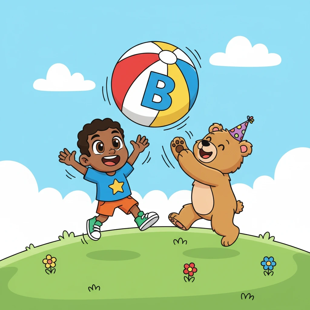George joyfully bounces a huge, striped beach ball, nearly as big as he is, which has a bold 'B' emblazoned on it. A fluffy, cartoon bear with a party hat playfully tries to bat the ball with its paw. They are on a brightly colored, wavy green hill, full of energy and laughter.