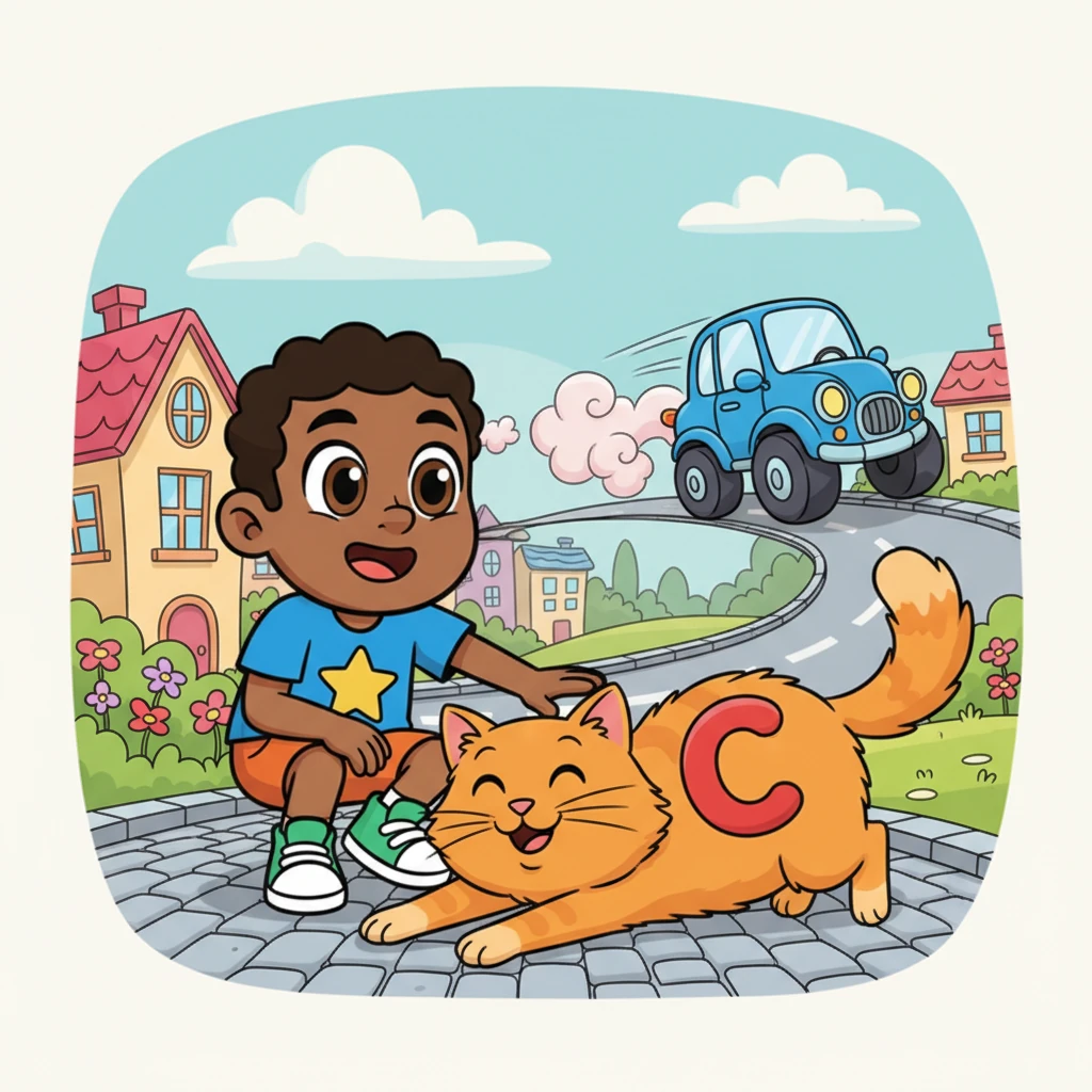 George crouches down, wide-eyed with wonder, to pet a fluffy, smiling orange cat that stretches out lazily, revealing a giant 'C' on its side. In the background, a small, speedy blue car with oversized wheels zips by on a curvy road, leaving a trail of happy smoke. The setting is a cozy, cartoon neighborhood.