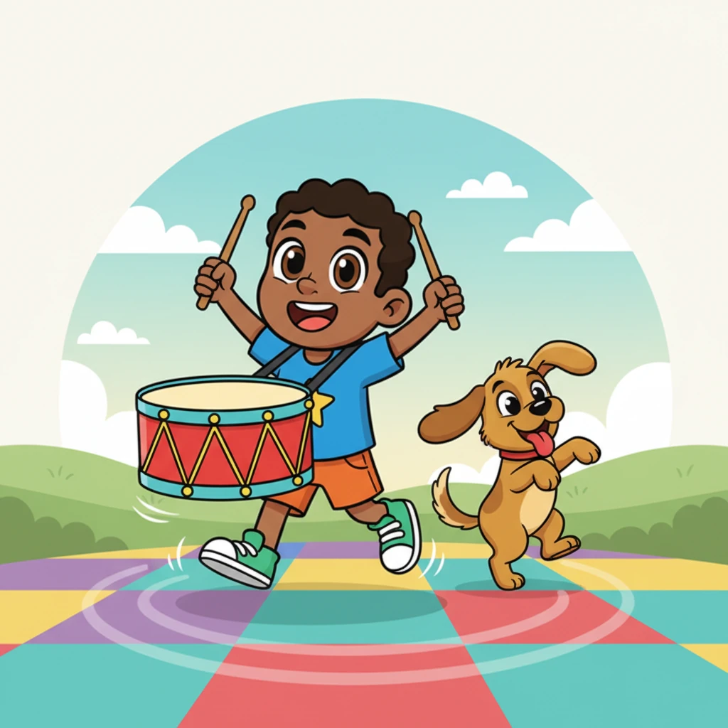 George marches proudly, beating a massive, cheerful drum with a prominent 'D' on its surface. A playful, floppy-eared dog with a wagging tail dances alongside him, trying to keep rhythm. The ground beneath them is a whimsical checkerboard pattern, filled with movement and sound.