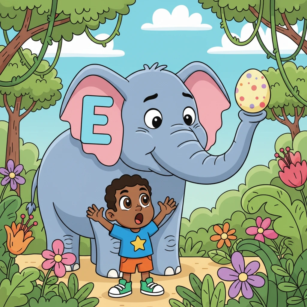 George is utterly amazed, his mouth forming a perfect 'O' shape, as he gazes at a colossal, friendly elephant with a giant 'E' on its ear. The elephant gently holds a perfectly round, speckled egg on its trunk, balancing it with a comical expression. They are in a lush, exaggerated jungle setting.