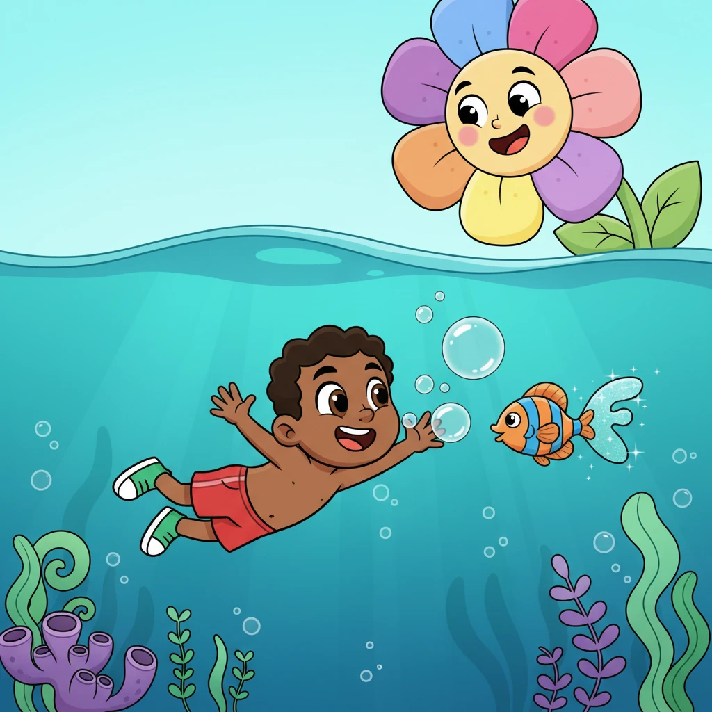 George swims underwater, blowing happy bubbles, as he chases a vibrant, striped fish that has a shimmering 'F' on its tail fin. Overhead, a giant, cheerful flower with swirling petals smiles down from the water's surface. The water is a brilliant turquoise, filled with whimsical aquatic plants.