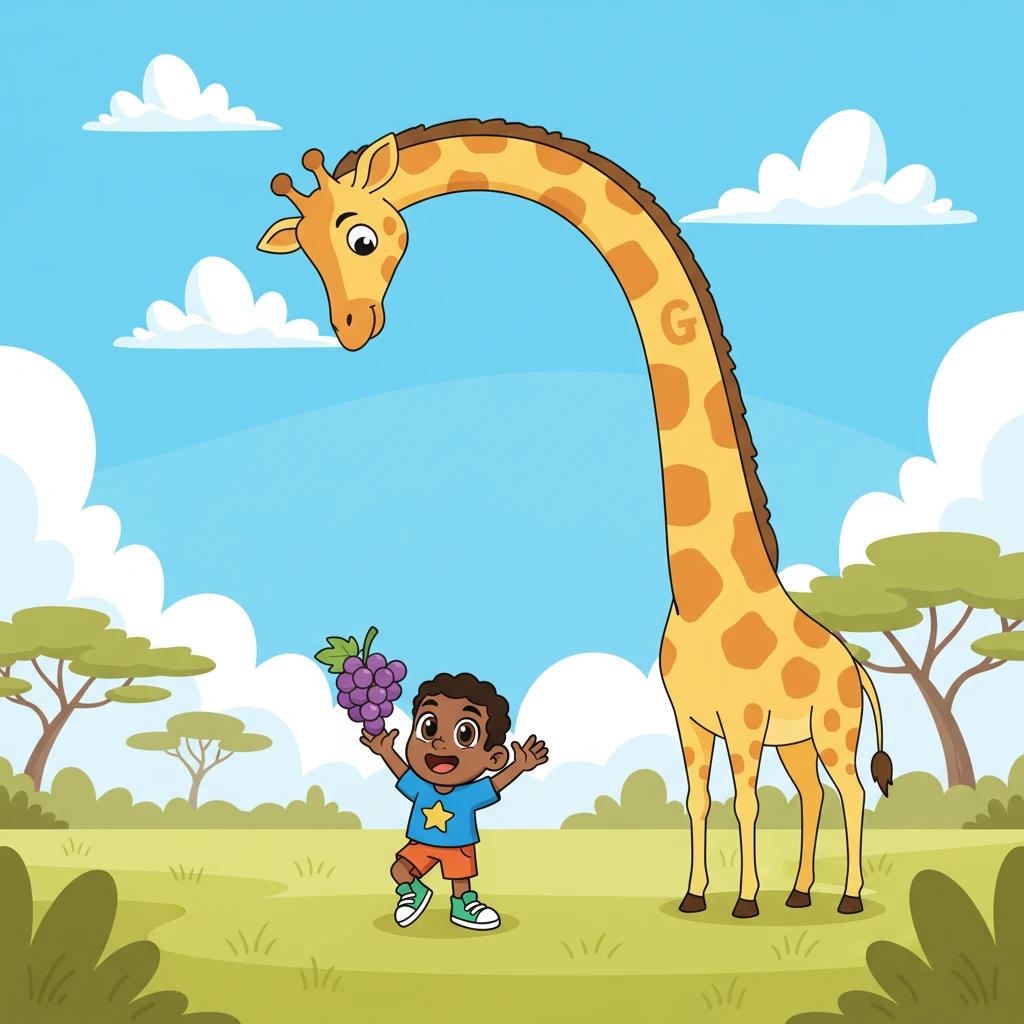 George stands on tip-toes, reaching up to offer a bunch of plump, purple grapes to a towering, gentle giraffe with a long, curvy neck and a friendly 'G' on its spots. The giraffe's head is comically high in the sky, almost touching the clouds. They are in a sunny, stylized savanna.