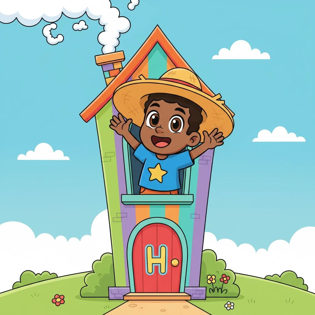 George, wearing an oversized, floppy hat, peeks out from the window of a tall, colorful house that has a friendly 'H' painted on its front door. Smoke curls playfully from its chimney, forming letter shapes. He waves excitedly, inviting everyone inside this charming, animated home.