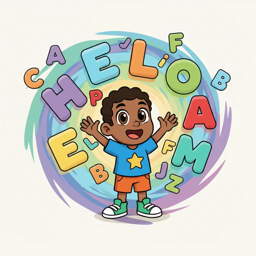 George stands triumphantly, arms spread wide, surrounded by a dazzling explosion of all the alphabet letters, each one glowing with a different bright color. He beams at the viewer, his face full of accomplishment and joy, encouraging them to keep learning and exploring. The background is a swirling rainbow of fun.