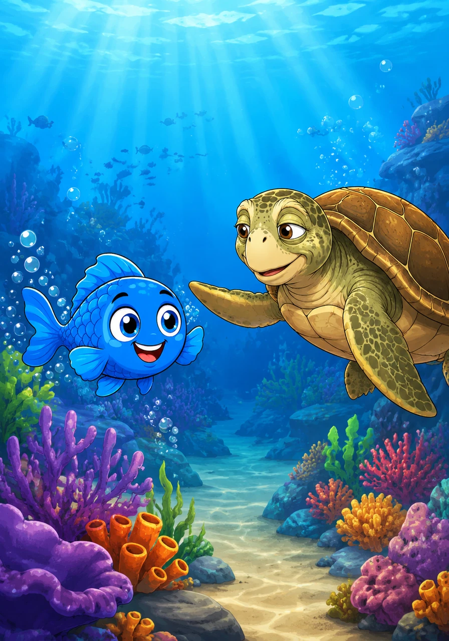 Un día decide explorar más allá de su jardín de coral y se encuentra con Tuga, una tortuga marina muy sabia y anciana. Tuga le sonríe con bondad y lo invita a descubrir los secretos más profundos y hermosos que guarda el gran océano.