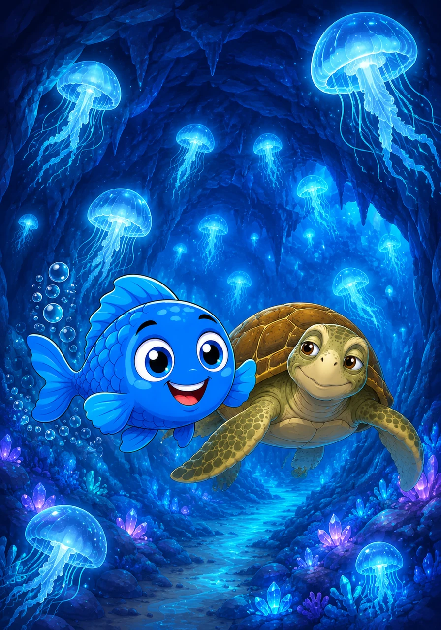 De repente, entran en una cueva submarina donde todo brilla con una luz mágica y azulada. Son las medusas luminosas, que flotan como pequeñas lámparas de cristal, iluminando el camino oscuro con sus destellos suaves.