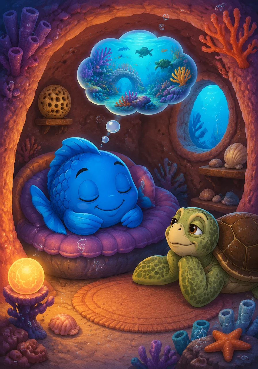 Burbujas regresa finalmente a su casa de coral, cansado pero muy feliz por todas las maravillas que ha conocido. Se acurruca en su rincón favorito y cierra los ojos, soñando con las nuevas aventuras que vivirá mañana en el fondo del mar.
