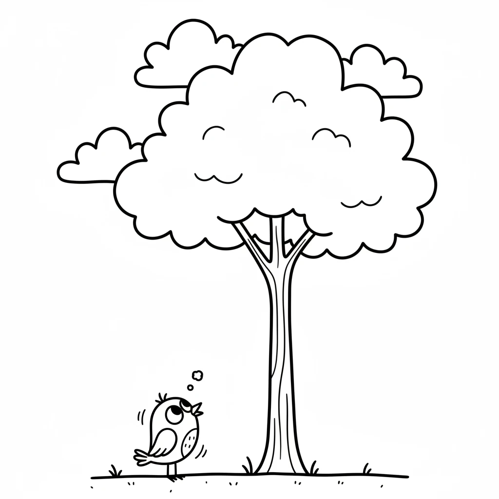 Pip, a tiny bird with big eyes, looked up at the very tallest tree in the forest. Its top branches seemed to touch the fluffy white clouds. Pip dreamed of flying all the way to the very top.