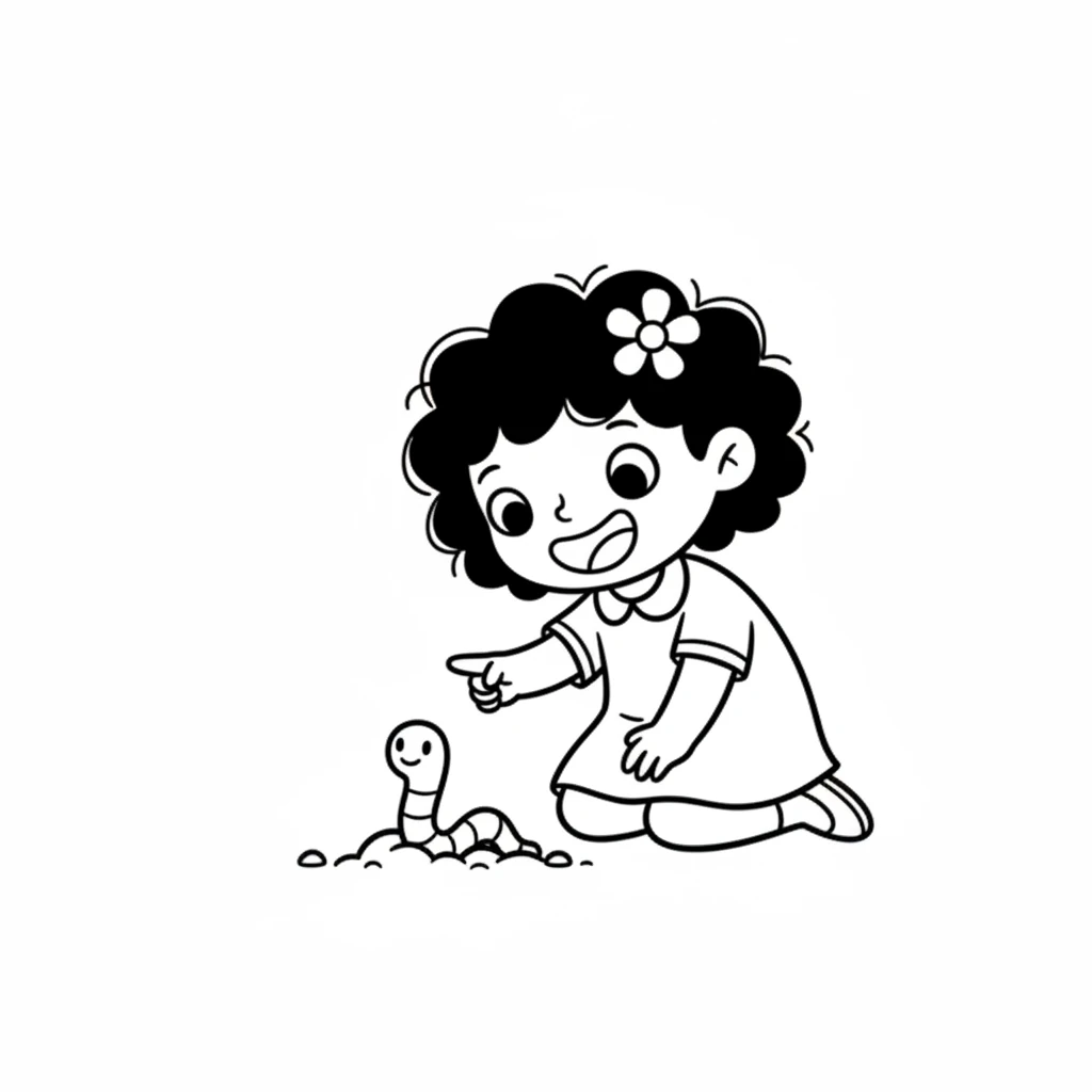 Suddenly, Pip saw a wiggly worm peeking from the ground below. The worm looked surprised but friendly. Pip giggled, happy to see a new friend.