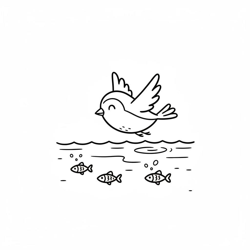 Pip took flight again, soaring over a sparkling blue stream. Little fish swam below, making tiny ripples. The water looked cool and inviting.