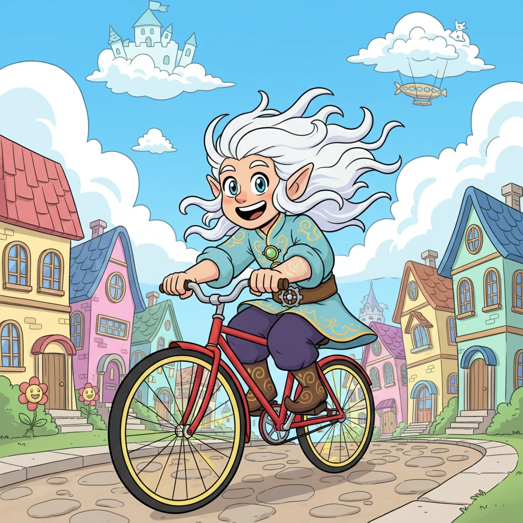 Ergku Liam auf seinem Fahrrad, der Wind zerzaust sein Haar, während er durch eine bunte Stadt radelt. Wolken in fantastischen Formen schweben über ihm, und seine Augen leuchten vor Abenteuerlust. Man sieht angedeutet die geheimnisvollen Male auf seinem Arm, die in der Sonne glitzern.