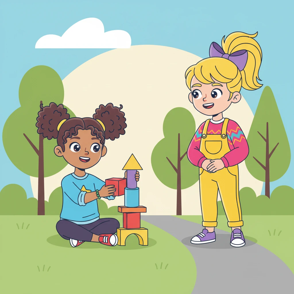Emma is playing happily alone, building a tower of colorful blocks, when a new girl, Lily, approaches her with a confident smile. Lily has bright, attention-grabbing clothes, instantly drawing Emma in. Emma feels a spark of excitement, imagining all the fun adventures they could have together.