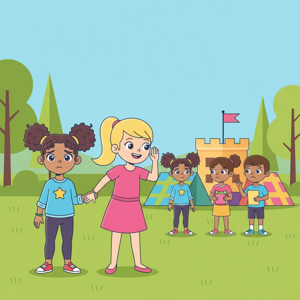 One sunny afternoon, Emma's old friends invite her to build a giant fort in the park. Lily pulls Emma aside, whispering that the fort builders are 'boring' and they should just play with her. Emma, wanting to please Lily, sadly tells her other friends she can't join.