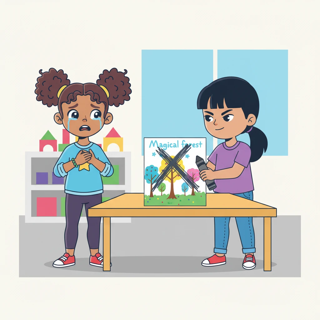 During a school art project, Emma excitedly showed Lily her colorful drawing of a magical forest. Lily took a dark crayon and scribbled a large, messy X over Emma's favorite glowing tree, saying it 'needed improvement.' Emma's heart sank, and tears welled in her eyes.