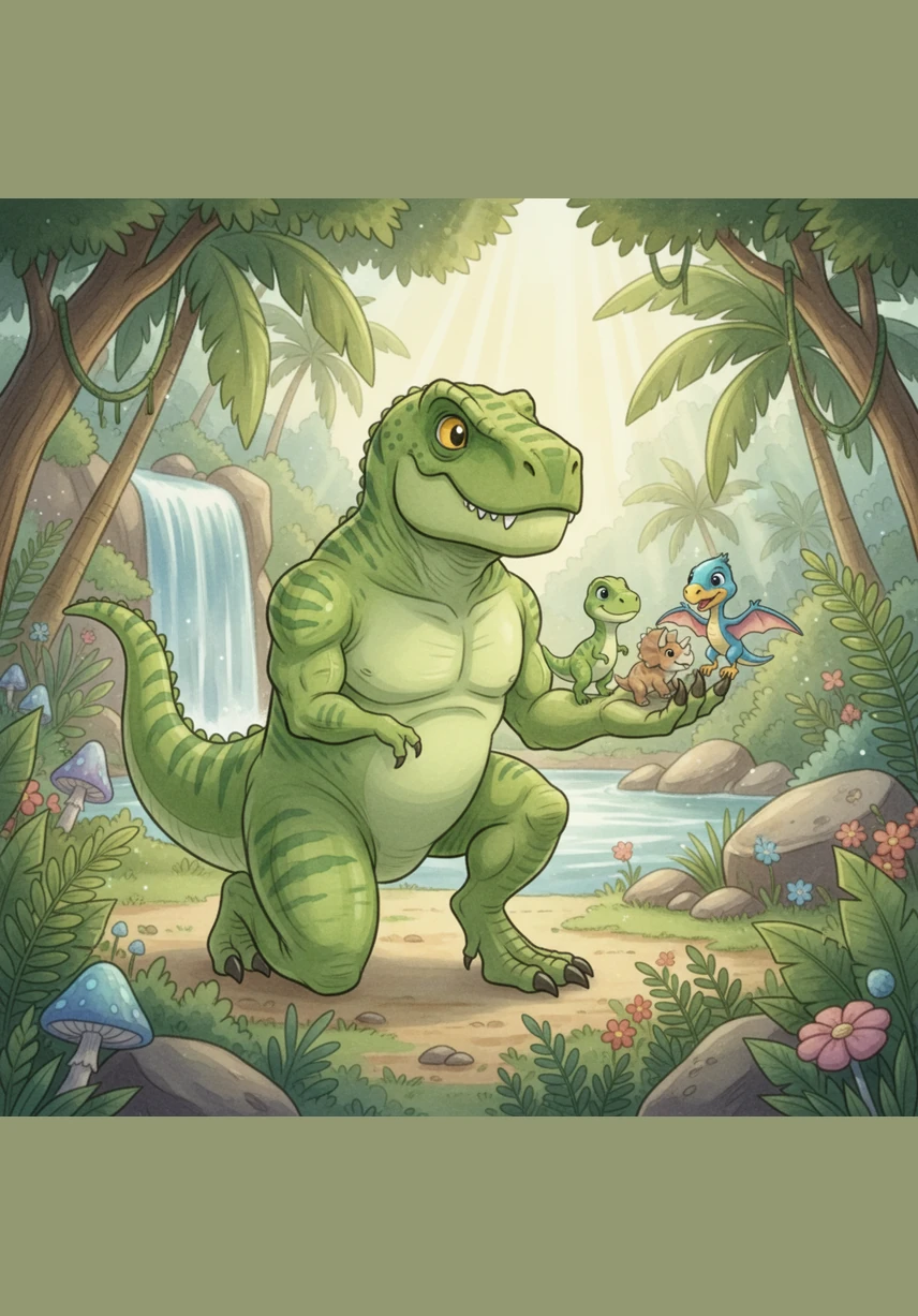 Rexy and the Secret Cave. Written and Illustrated by Skyy Singh. A big, friendly green T-Rex named Rexy smiles and waves in front of a lush green jungle filled with tall palm trees.