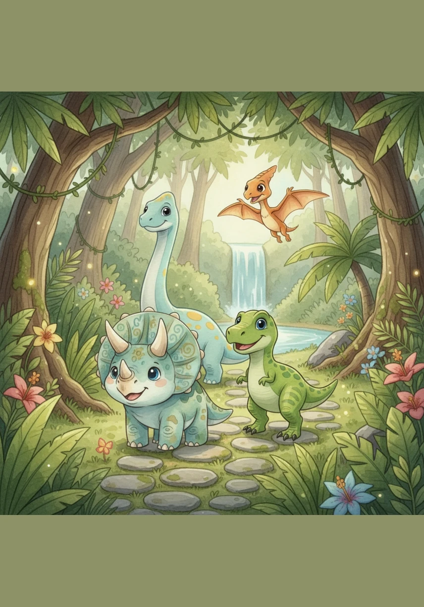 Rexy lives in a bright green jungle with tall trees and colorful flowers. He is a very happy dinosaur who loves to explore his beautiful home every single day.